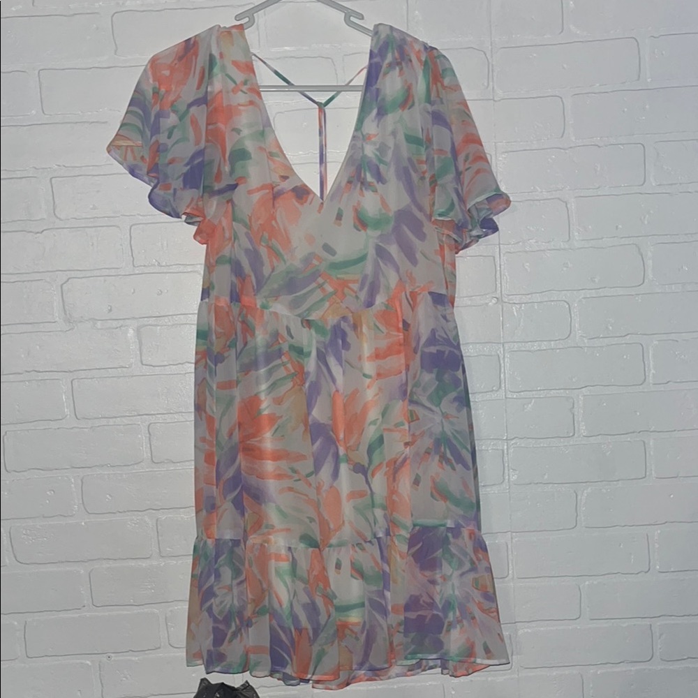 CARAMELA Womens Dress Floral V-Neck Dress with Ruffle Sleeves Flowy Summer Large